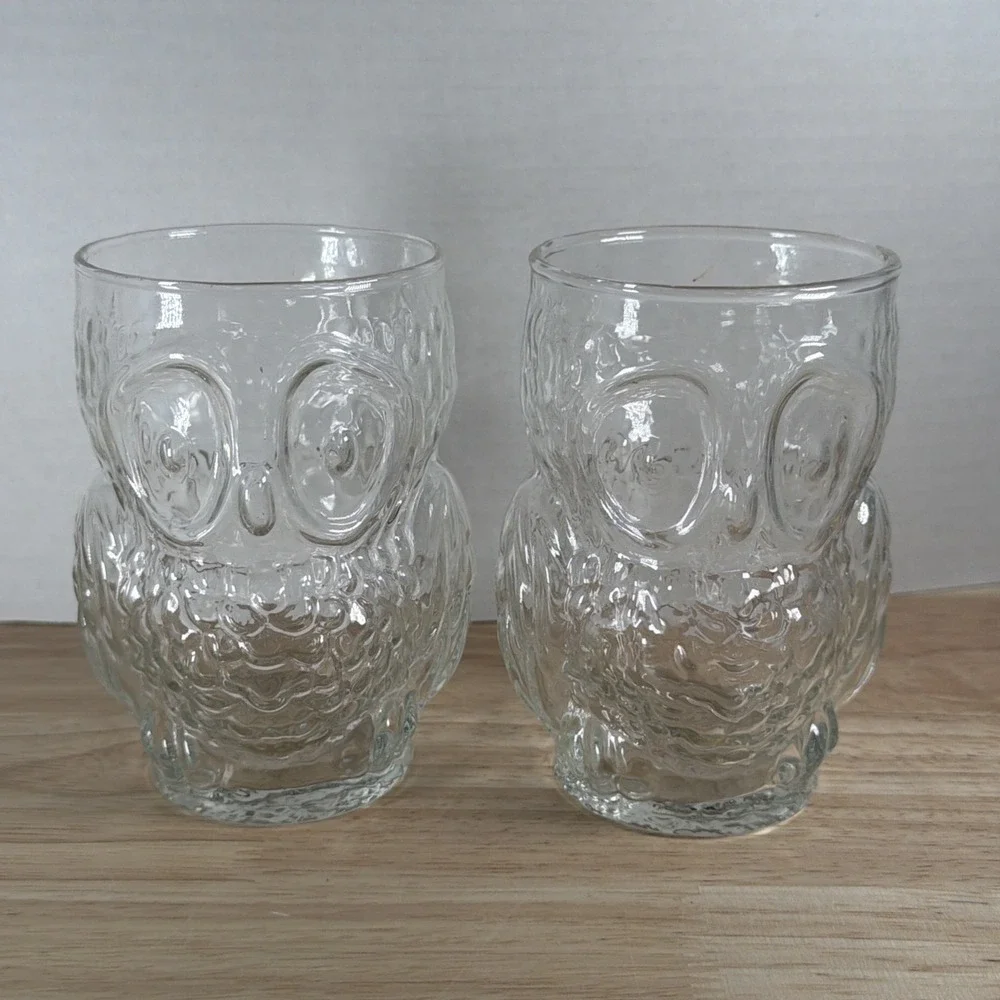 Vintage Owl Shaped Glasses set of 2 by Libbey Clear Glass MCM Bird Birds